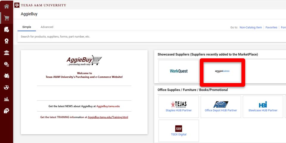 Amazon Business punchout link on the AggieBuy web site