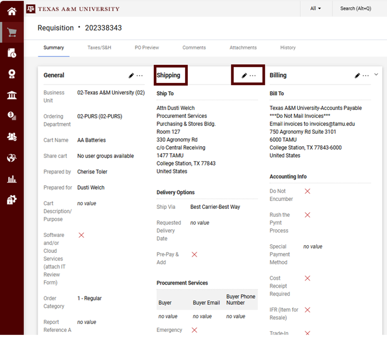 Screenshot of AggieBuy page where shipping address can be selected