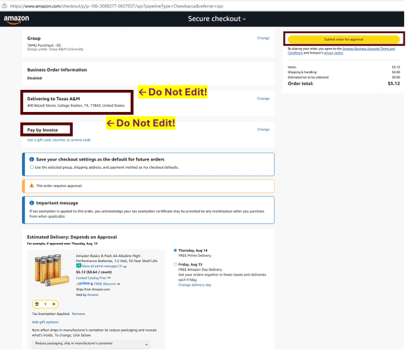 Screenshot showing Amazon checkout page with placeholder addresses that should not be edited